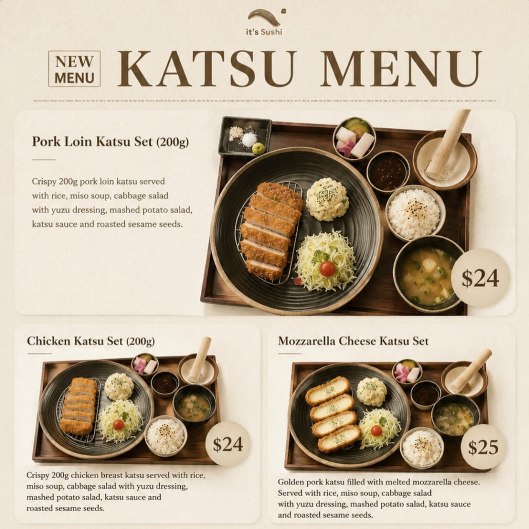 New Katsu Menu at It's Sushi featuring pork loin katsu.